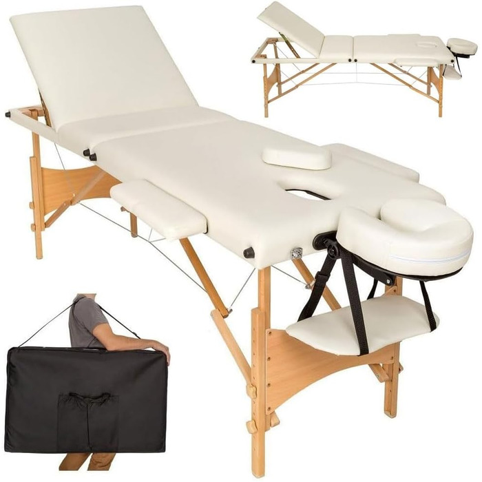 Масажне ліжко BAKAJI з дерева, складне, 3 зони, для фізіотерапії, спа, велнес, професійних косметологів, колір Бежевий, XL LUX, з сумкою для перенесення (дерев'яне каркас, Бежевий)