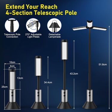 Налобний ліхтар для кемпінгу з телескопічним штативом, IPX4, багатофункціональний, з підсвічуванням, для намету, з гачком, аксесуари для кемпінгу