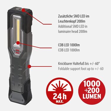 Брененштуль LED акумуляторна ручна ліхтар HL 1000 A IP54 / LED ліхтар для роботи на вулиці з COB LED (1000+200 лм, до 24 годин роботи, LED ліхтар для майстерні з магнітом та гачком, USB-C порт для заряджання)