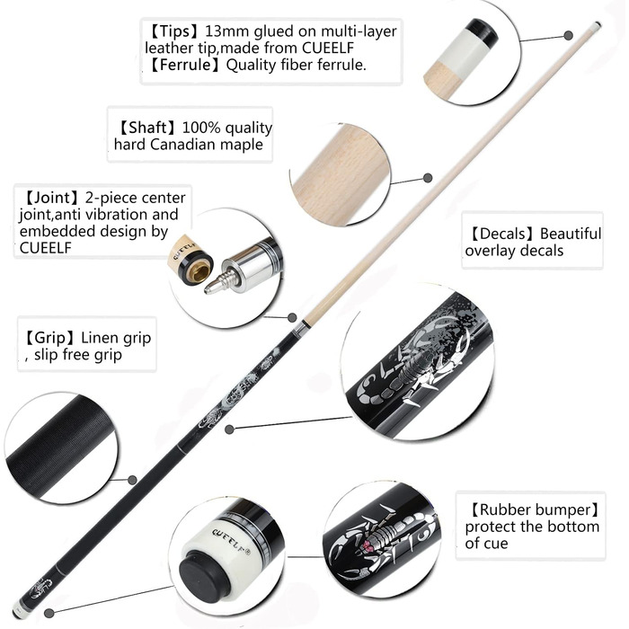 Більярдний кий Billardqueue, 147.3 см, дерево, горіх, клен, наконечник 13 мм, чорний, 20oz