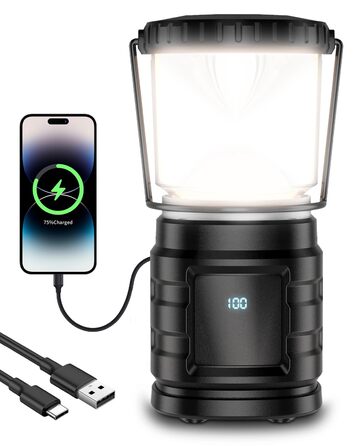 Ліхтар кемпінговий LED акумуляторний USB-C 8000mAh з індикатором заряду, 4 режими, IP65 водонепроникний для кемпінгу, туризму, риболовлі, SOS