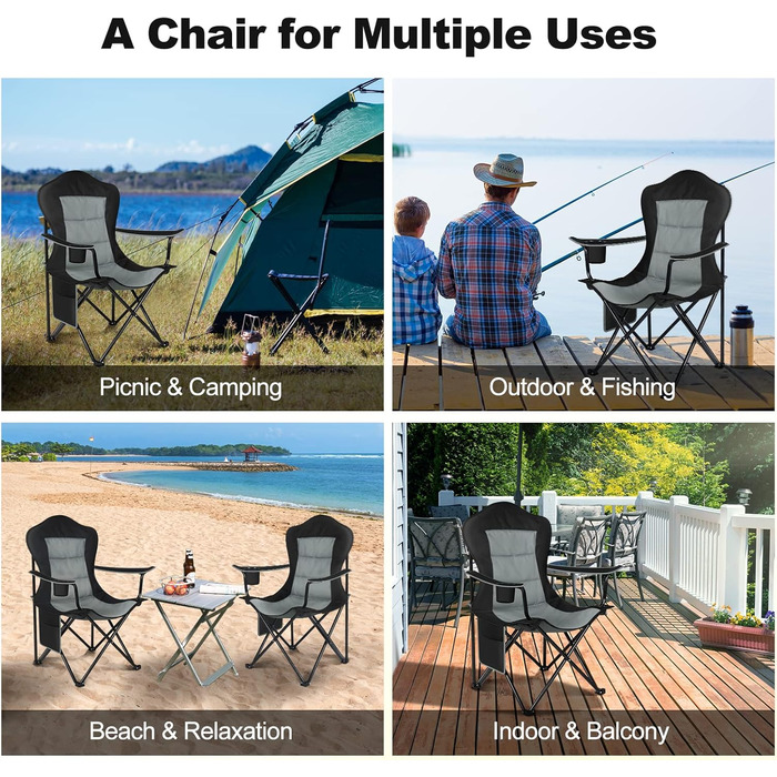Складний туристичний стілець WOLTU - легкий, для відпочинку на природі, риболовлі, кемпінгу. Макс. навантаження 150 кг, з кишенею для напоїв, чорний + темно-сірий