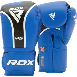 Боксерські рукавички RDX Aura Plus T-17 – шкіра Maya Hide, підкладка MG-3, піна Max-Shock, для тренувань, спарингу, кікбоксингу, муай-тай, фіксатор Quick-EZ, вага 283.5-453.6 г, кольори: червоний, синій, золотий синьо-чорний, розмір 10 oz