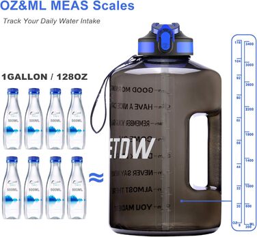 Спортивна пляшка для води 3,78 л з маркуванням часу та трубочкою, BPA Free, чорна