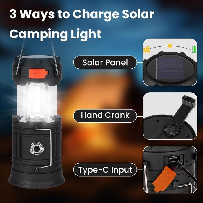 LED кемпінговий ліхтар HOTUT Solar, 3200 mAh, складаний, водонепроникний, з ручкою, USB, ручне заряджання, аварійне освітлення для туризму, риболовлі, SOS, відключень електроенергії 3 в 1