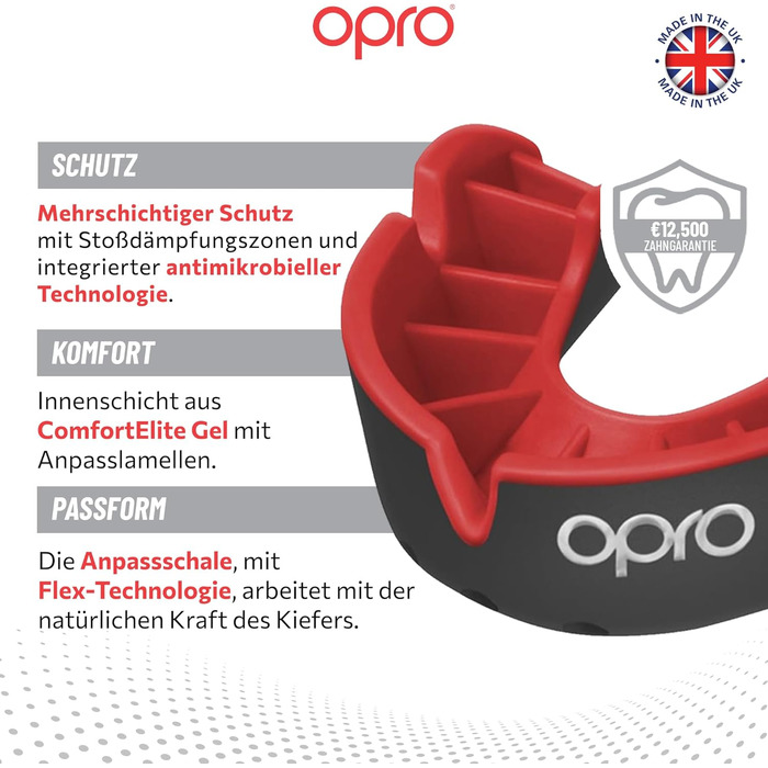 Захист для рота OPRO Silver Level (дорослий та дитячий) з чохлом, чорно-червоний. Підходить для хокею, лакросу, регбі, ММА, боксу та BJJ. Вік 10+