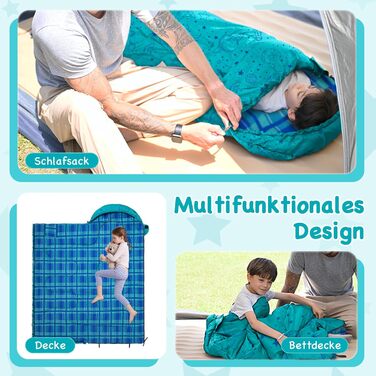 Сплячий мішок KingCamp для дітей, фланелевий, легкий, водонепроникний, компактний, зимовий, 4 сезони, для кемпінгу, підходить для дітей до 140 см, комфортна температура: 7°C (Блакитний L)