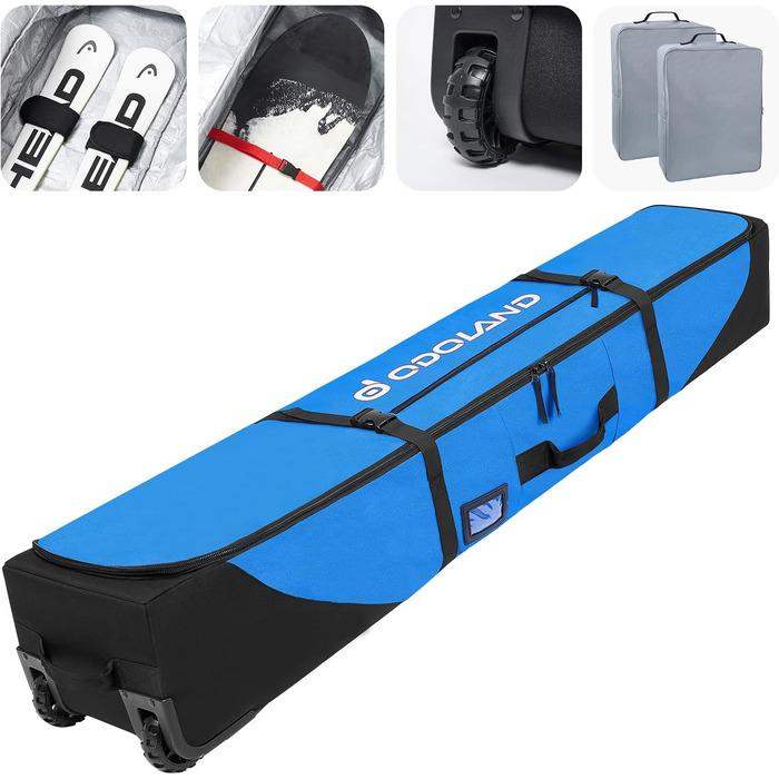 Чохол для лиж на колесах Odoland, водонепроникний, для подорожей літаком, 190 см (синій)