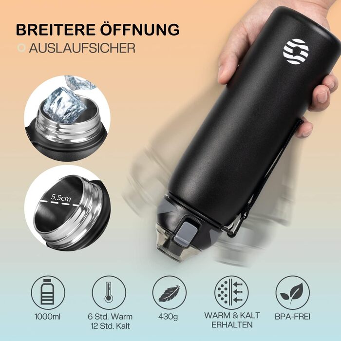 Дитяча термобутилка FJbottle з нержавіючої сталі 1 л, BPA-Free, герметична, для газованої води, спорт, школа, велосипед, чорна