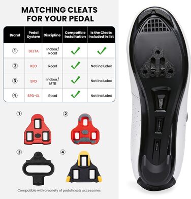 Велосипедні черевики для чоловіків та жінок. Підходять для шосе, MTB. Сумісні з педалями Look SPD, SPD-SL, Delta Lock. Підходять для Peloton. Розмір 42 EU, білі.
