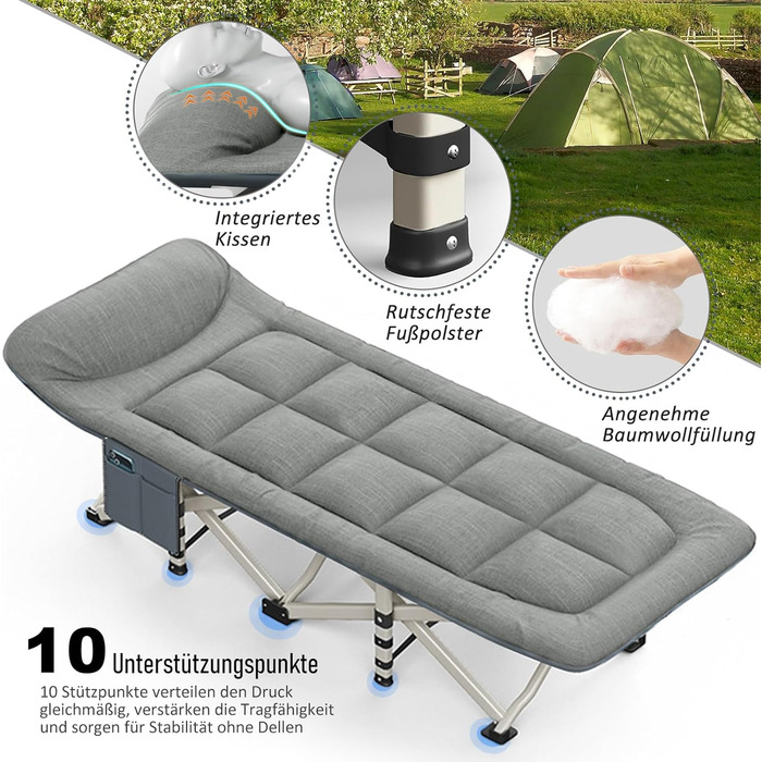 Кемпінгове ліжко Caliyo, розкладне, для відпочинку та гостей, 190x68x40 см, з сумкою для зберігання, сірого кольору