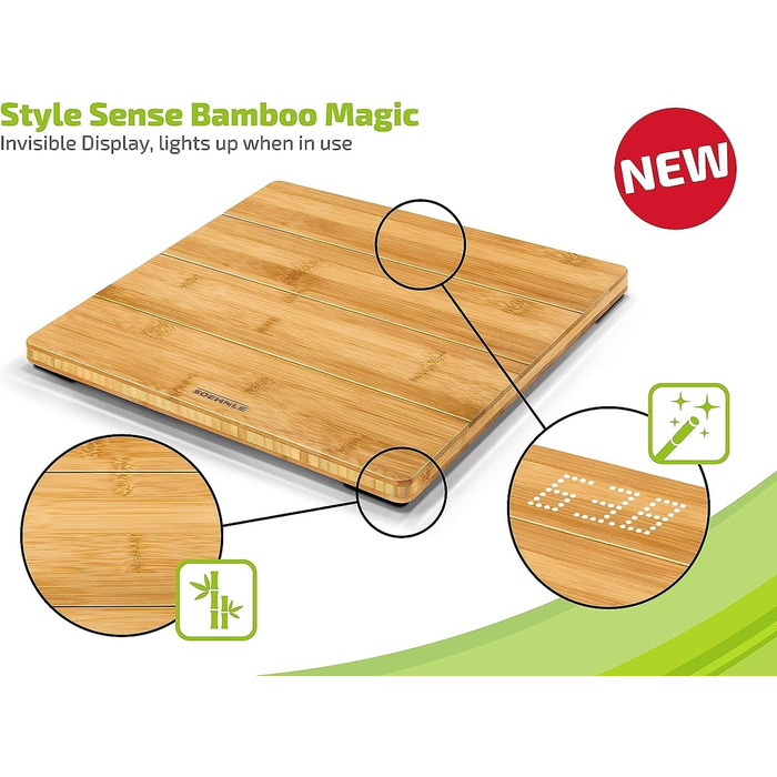 Електронна вага Soehnle Style Sense Bamboo Magic з натурального бамбука, LED-дисплей, прихований екран, до 180 кг, для тіла