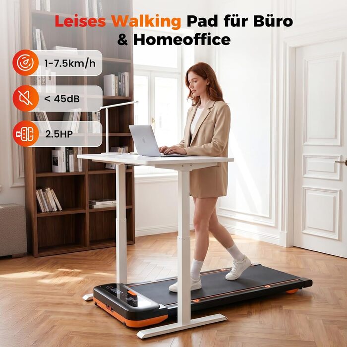 Бігова доріжка для дому з нахилом 7%, Walking Pad 5: реабілітація, 5 рівнів вібрації, під стіл з додатковою ручкою, LED, 2.5HP, швидкість до 7.5 км/год, управління з пульта, до 136 кг, з APP