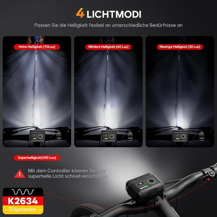 Набір велоліхтарів 100LUX: фара та задній ліхтар з гальмівним сигналом, акумулятор 3200mAh, StVZO, IPX5, для велосипеда, MTB, Ebike