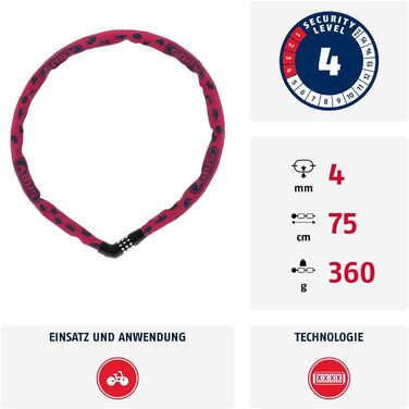 Ланцюговий замок для дитячого велосипеда ABUS Steel-O-Chain 4804C SYMBOLS, кодовий, рожевий, 75 см, рівень безпеки 4