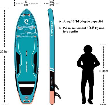 Надувне SUP-борд WOWSEA для туризму, йоги та відпочинку, комплект з насосом, веслом та сидінням, блакитний