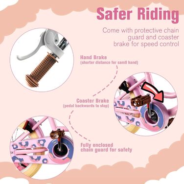 Дитяче велосипед RULLY для дівчаток 12 дюймів з додатковими колесами, кошиком та сидінням для ляльки, регульоване сидіння, 2-7 років, рожевий/фіолетовий/блакитний