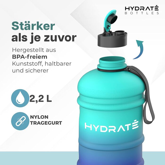 Фляга для води HYDRATE XL 2,2 л - для спортзалу, спорту та подорожей, не протікає, BPA-free, міцна, велика, 2200 мл (Блакитна Лагуна)
