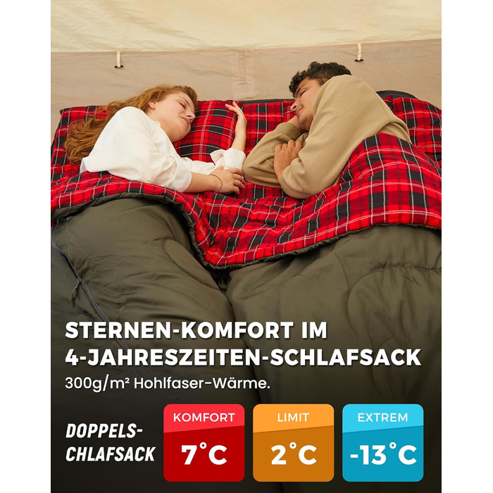 Спальний мішок KingCamp на 2 особи з фланелі, зимовий, для кемпінгу та відпочинку на природі, 3-4 сезони, з 2 подушками, підходить для дітей та дорослих (зелений)