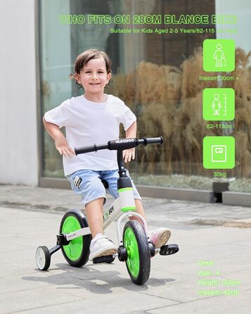 Дитяче велосипед UBRAVOO Fit 'n Joy 4-в-1: біговел, триколіс, велосипед з підтримкою, для дітей 2-5 років (блакитний/зелений)