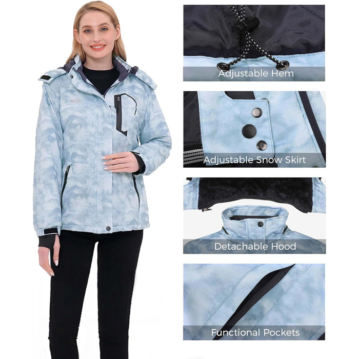Жіноча куртка Wantdo для гірського туризму та хайкінгу, водонепроникна, з капюшоном, тепла, світло-блакитна