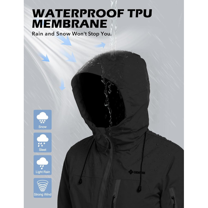 Жіноча лижна куртка GEMYSE з інтегрованими плечовими ременями. Тепла водонепроникна вітронепроникна куртка-сніжинка для активного відпочинку (M, Чорний)