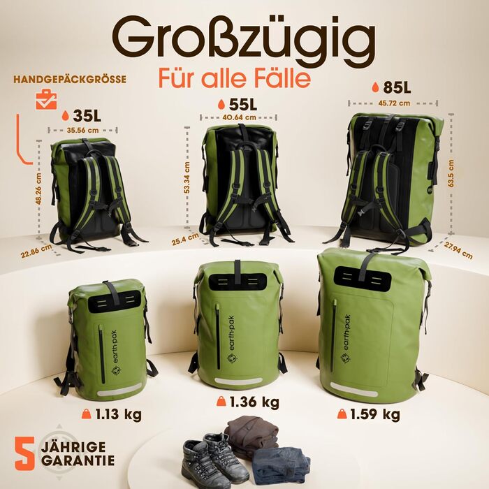 Водонепроникний рюкзак Earth Pak 35L/55L з ролтопом, кишенею на блискавці та водонепроникним чохлом для телефону IPX8, зелений