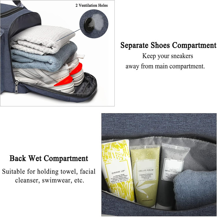 Спортивна сумка-мешок для чоловіків 3-в-1 з відділенням для взуття та вологих речей, синя (22.4 x 10.6 x 11 дюймів)