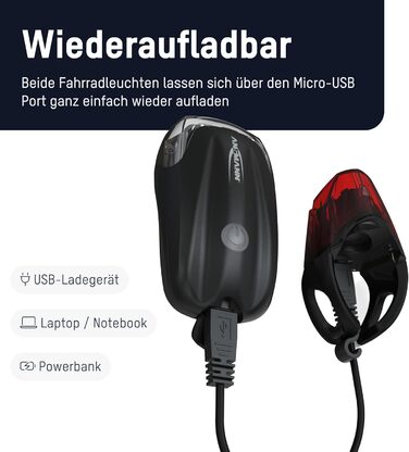 ANSMANN Набір велосипедних фар StVZO, CREE LED, 140 м, 35 Люкс, 170 Лм, IPX4, акумуляторні, USB, передня та задня фара