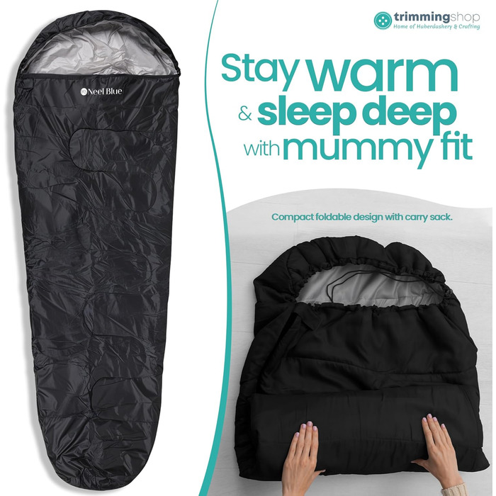 Спальний мішок Mumienschlafsack для дорослих - легкий, компактний, водонепроникний з капюшоном, 220x85 см. Підходить для кемпінгу, походів та подорожей (Чорний)