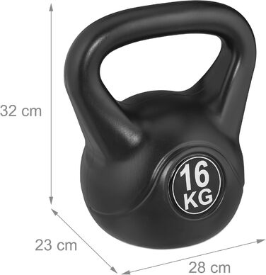 Kettlebell Relaxdays 16 кг, пластикова гиря для фітнесу, чорна, для жінок і чоловіків
