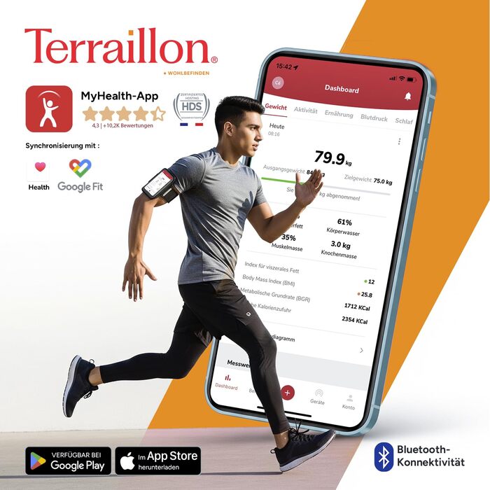 TERRAILLON COLOR CONNECT - Розумна вага з Bluetooth, вимірювання серцевого ритму, маси тіла: жир, м'язове, кісткове, BMI, ємність 180 кг, шкала 50 г, мультидисплей, колір блакитний