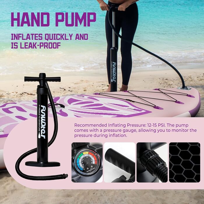 Надувний SUP-борд FunWater 10'6'-11'6' – ідеальний для початківців та сімей, з антиковзким EVA-деком, веслом, насосом та аксесуарами (10'6-TIKI LILA)