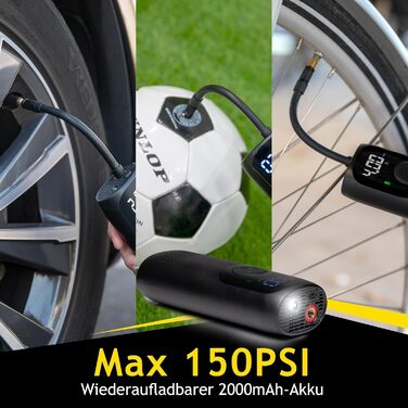 Електричний компресор Dunlop 150PSI, USB-C, велосипедний насос для всіх вентилів, насос для м'ячів, 10 Бар з манометром, пластиковий, чорний