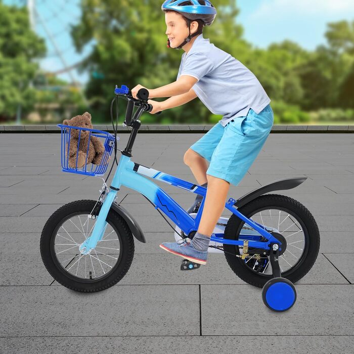 Дитяче велосипед 14 дюймів для дівчаток 3-7 років з додатковими колесами та кошиком, дзвіночком, регулюванням висоти, блакитний