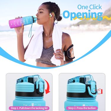 Дитяча спортивна пляшка для води 500 мл блакитно-лілова з мітками часу, Tritan, BPA Free, без витоку, для школи та спортзалу