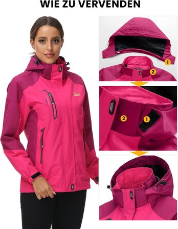 Жіноча трекінгова куртка Outdoor Легка перехідна куртка Вітронепроникна куртка Водонепроникна куртка-дощовик Дихаюча функціональна куртка з відстібаною капюшоном, Рожево-червоний колір, Розмір L