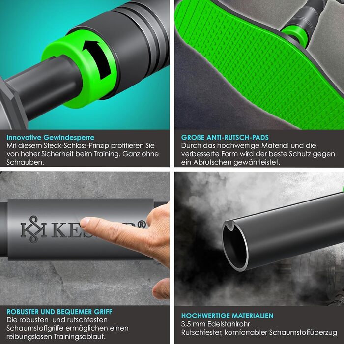 KESSER® Турнік для дверей регульований, турнік для домашніх тренувань, турнік без свердління, висувний 68-106 см, вантажопідйомність до 300 кг, з неслизькими ручками, з еластичними стрічками (зелені)