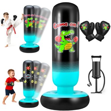 Дитячий боксерський мішок з боксерськими рукавичками та насосом, 165 см, стабільний динозавр та мішень, 2 в 1, надувний боксерський мішок для дітей, комплект для тренувань, подарунок для хлопчиків та дівчаток 3-12 років