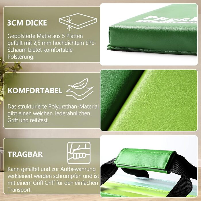 Складаний гімнастичний мат для фітнесу та tumbling 195 x 75 x 3 см, м'який килимок для спорту та ігор з ручками для перенесення, дитячий мат для активних ігор