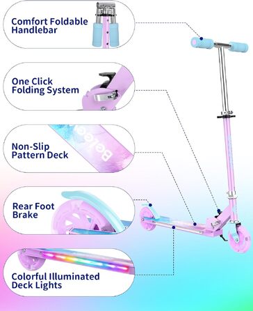 Дитячий самокат BELEEV V1Plus з LED-підсвіткою коліс та деки, складаний, 3 рівні висоти, для дітей 3-12 років (Blue Purple)