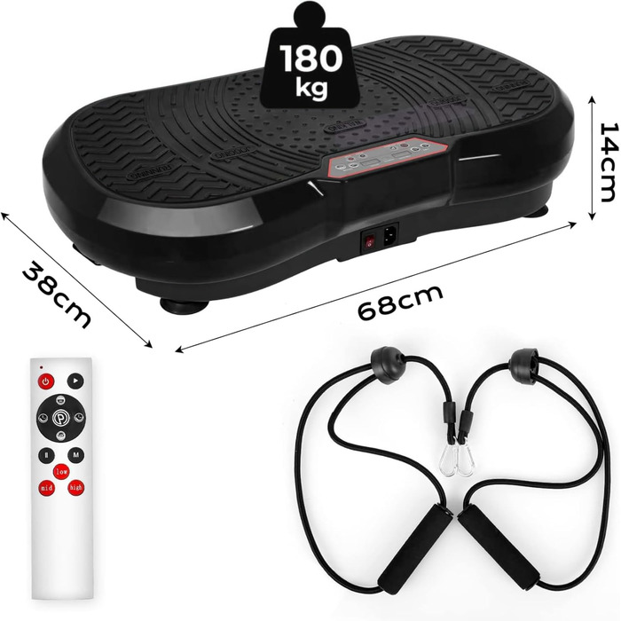 Вібраційна платформа TLGREEN з ультратихим мотором, 120 рівнів + 10 програм тренувань, з пультом дистанційного керування, тренувальні стрічки, для тренувань всього тіла, спалювання жиру, XL (68x38x14 см), чорна