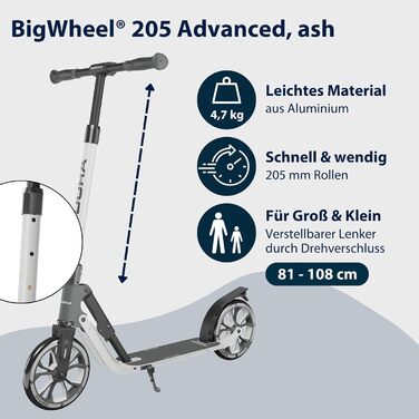 HUDORA BigWheel® 205 Advanced Scooter: Комфортний алюмінієвий самокат для дітей та дорослих (до 100 кг) - регульована висота, складаний, 205 Ash