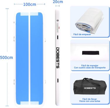 Килимок для гімнастики DOBESTS Airtrack Matte, 500x100x20 см, блакитний, з насосом та сумкою