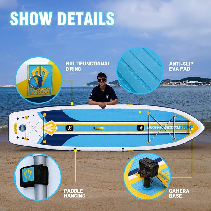 Надувна SUP-дошка Tuxedo Sailor з аксесуарами: регульоване весло, насос, рюкзак, плавник для сапбордингу