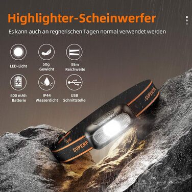 Налобний ліхтар SuperFire LED, 2 шт., перезаряджається USB, з червоним миготком, 5 режимів, регульований, для дорослих та дітей, біг, рибалка, кемпінг, водонепроникний, чорний
