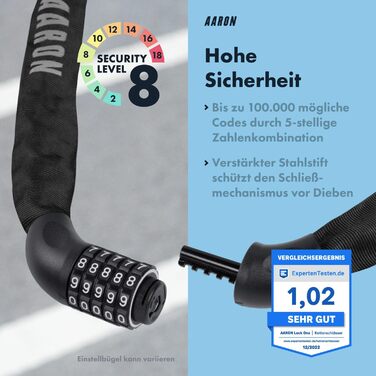 Замок для велосипеда AARON Lock One: стале ланцюгове замкнення з 5-значним кодом, висока безпека, для електровелосипеда, гірського, трекінгового, туристичного та шосе́йного велосипеда, чорний