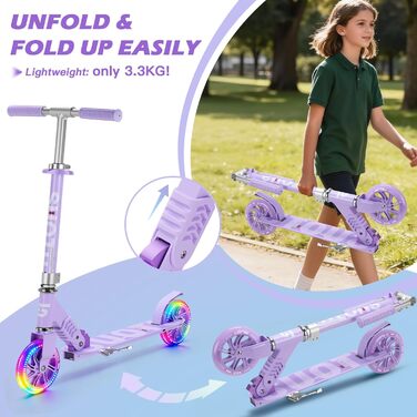 Самокат дитячий SUOTU з колесами 145 мм, до 100 кг, світлодіоди, складаний, регульована висота, для хлопчиків та дівчаток, алюмінієвий (Фіолетовий)