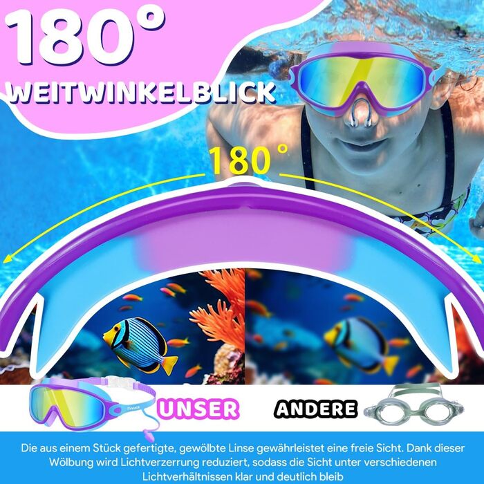 Дитячі окуляри для плавання Vvinca з носовими затискачами, широким кутом огляду, захистом від запотівання та UV-фільтром, водонепроникні, для дітей 3-14 років, рожеві та блакитні