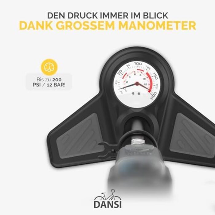 Насос для велосипеда DANSI з адаптерами для всіх типів вентилів (AV, SV, DV) | Насос для мотоцикла, електровелосипеда, авто та спортивного обладнання | З великим манометром